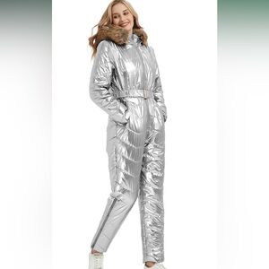 Shiny Silver Belted Puffer Ski Suit